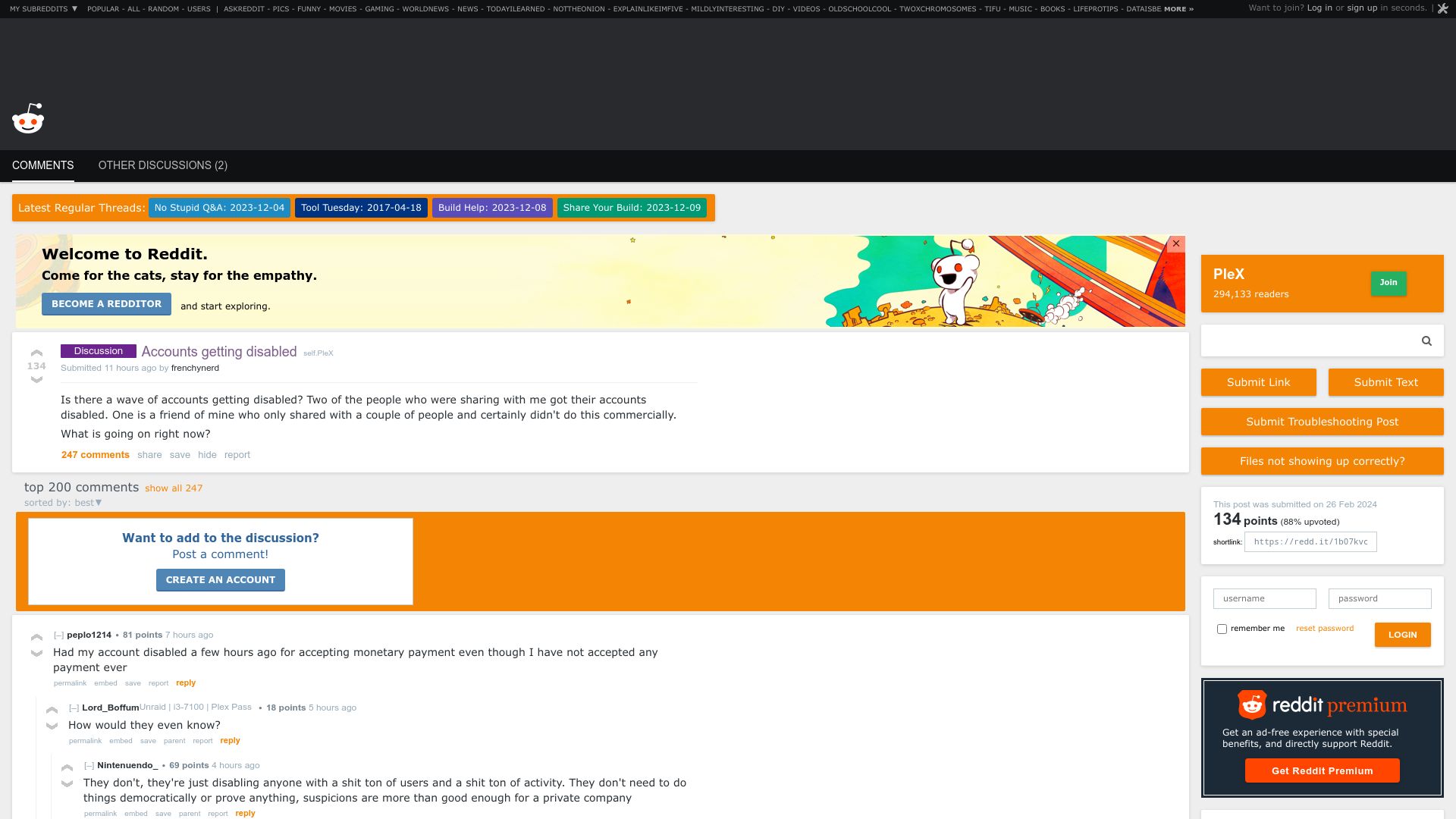 Screenshot of old.reddit.com: Plex Accounts Getting Disabled