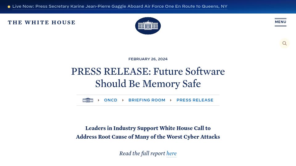 Screenshot of whitehouse.gov: Press Release: Future Software Should Be Memory Safe