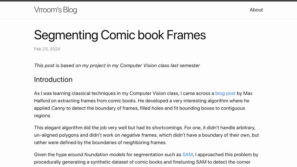 Screenshot of vrroom.github.io: Segmenting comic book frames