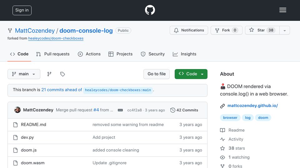 Screenshot of github.com: DOOM rendered via console.log() in a web browser (2021)