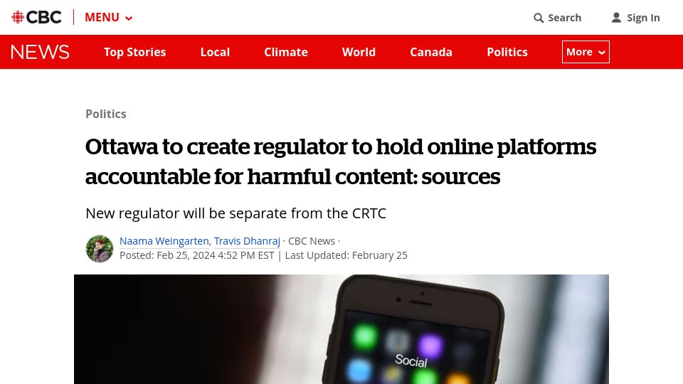 Screenshot of cbc.ca: Ottawa to create regulator to hold platforms accountable for harmful content