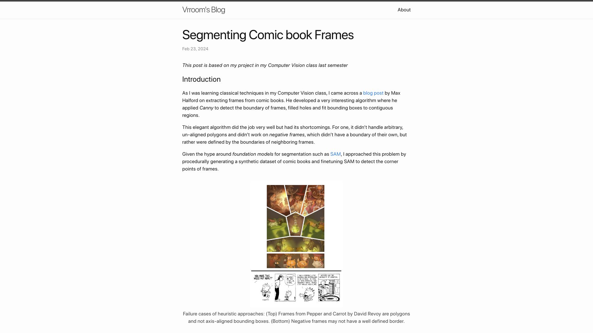 Screenshot of vrroom.github.io: Segmenting comic book frames