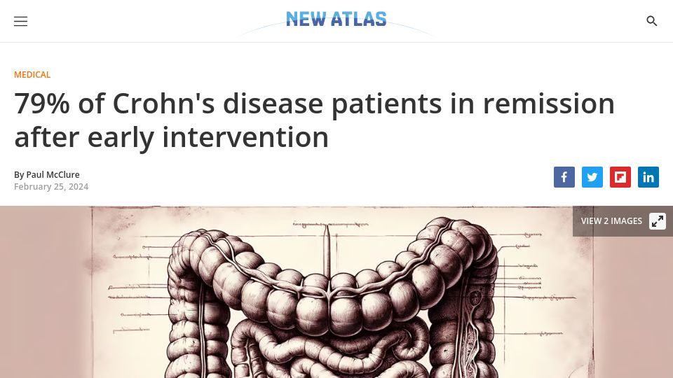 Screenshot of newatlas.com: Early immunotherapy for Crohn’s disease significantly reduces complications