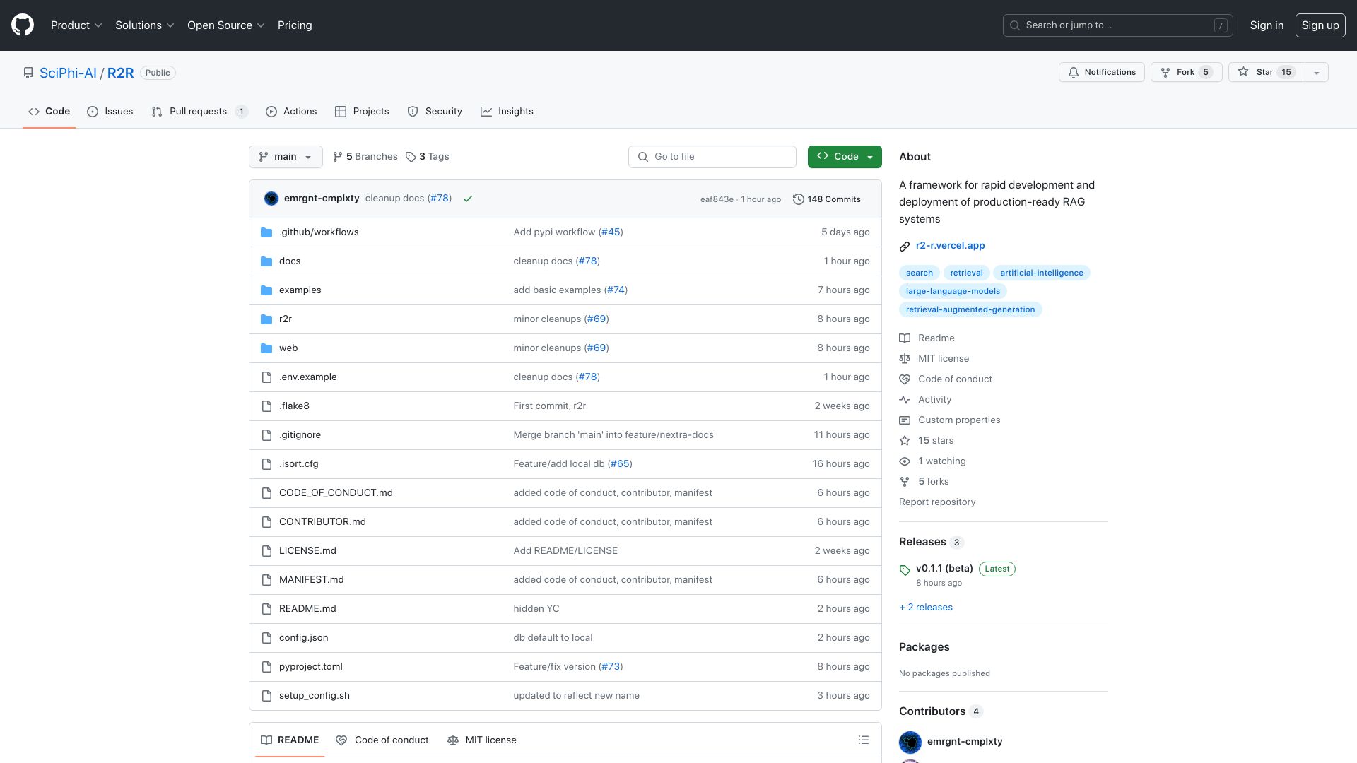 Screenshot of github.com: Show HN: R2R – Open-source framework for production-grade RAG