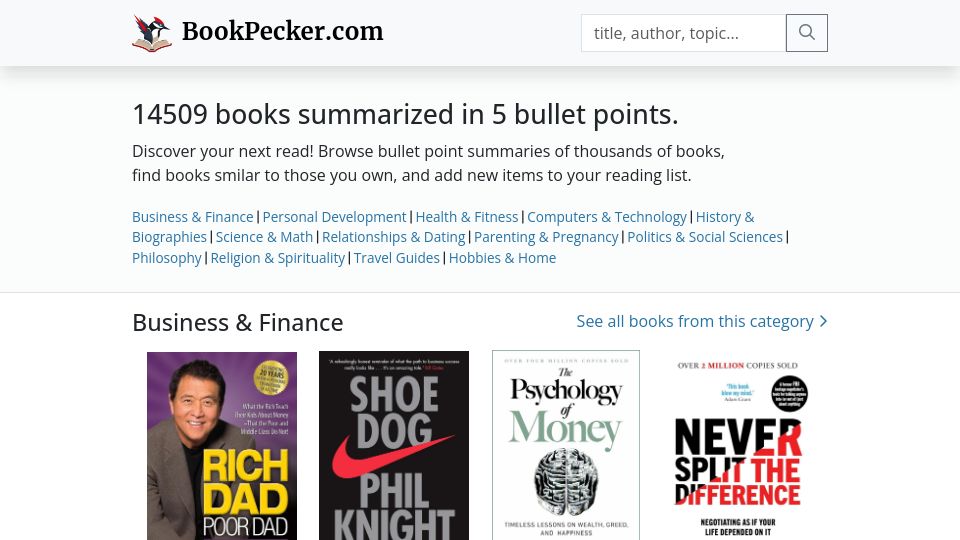 Screenshot of bookpecker.com: I asked ChatGPT to summarize 14501 books in 5 bullet points. Here's the result