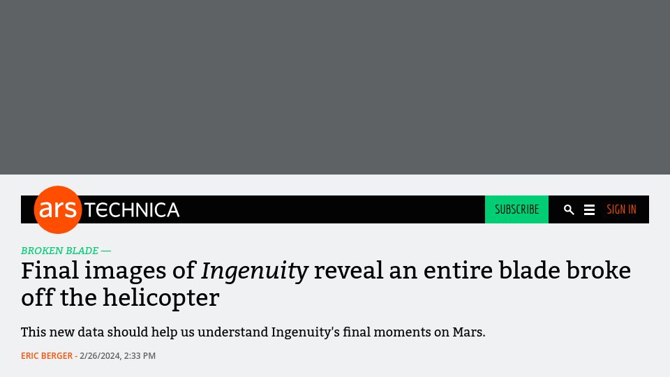 Screenshot of arstechnica.com: Final images of Ingenuity reveal an entire blade broke off the helicopter