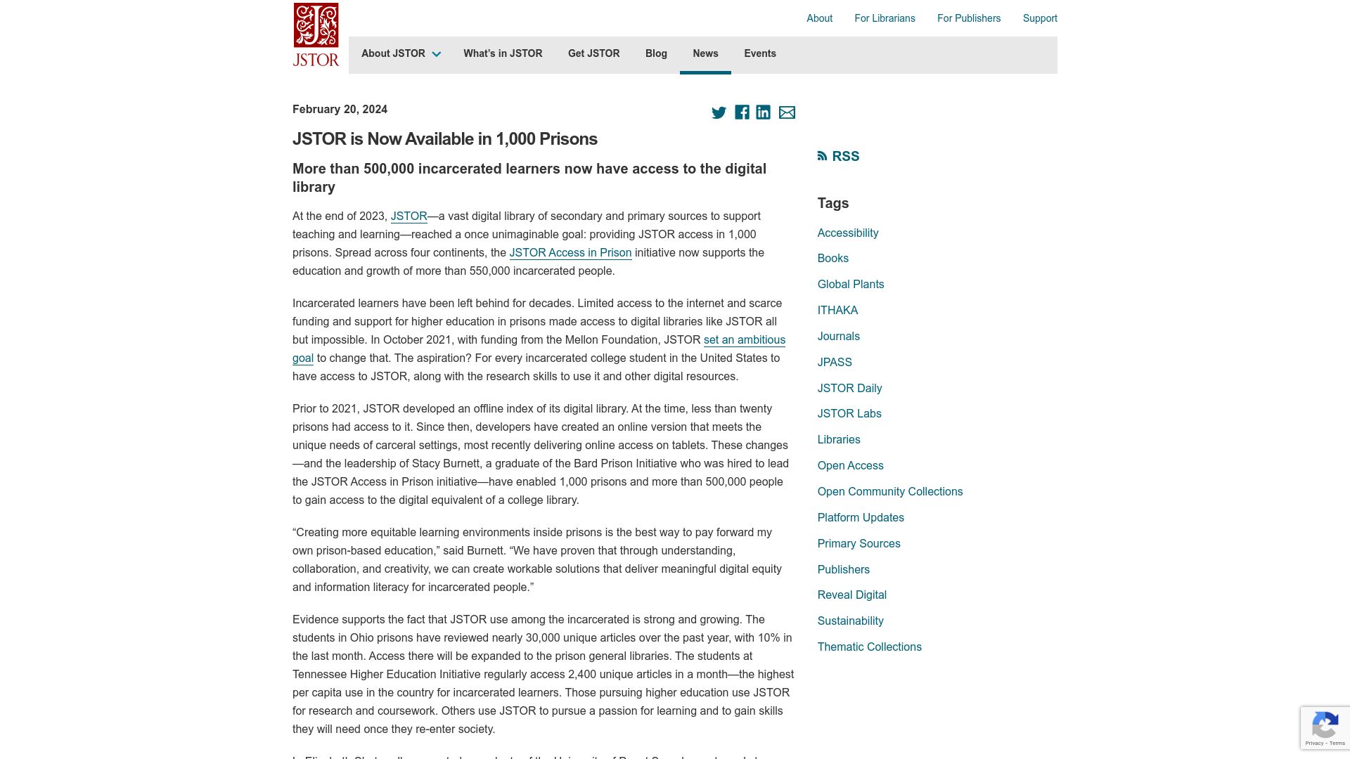 Screenshot of about.jstor.org: JSTOR is Now Available in 1k Prisons