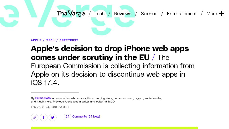 Screenshot of theverge.com: Apple's decision to drop iPhone web apps comes under scrutiny in the EU