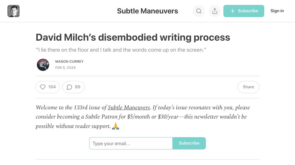 Screenshot of masoncurrey.substack.com: David Milch’s disembodied writing process