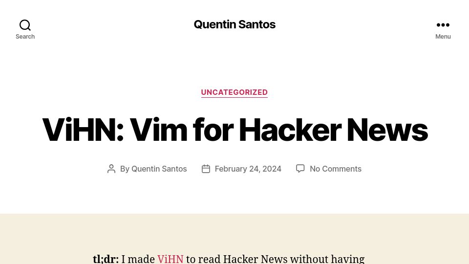 Screenshot of qsantos.fr: ViHN: Vim for Hacker News
