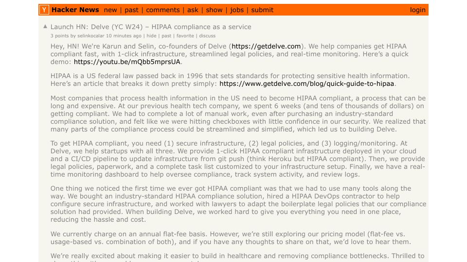 Screenshot of Hacker News post: Launch HN: Delve (YC W24) – HIPAA compliance as a service