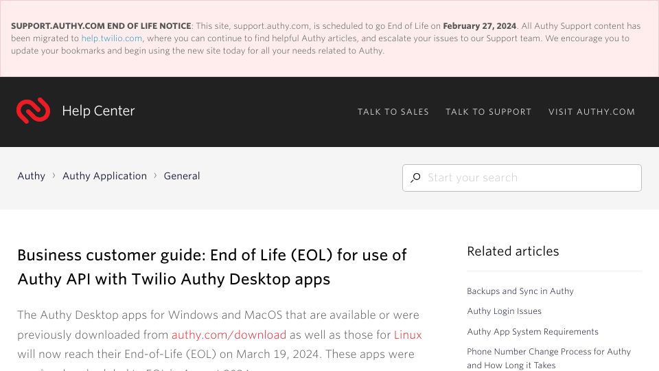 Screenshot of support.authy.com: Authy Desktop EOL moved from August 2024 to March 19 2024