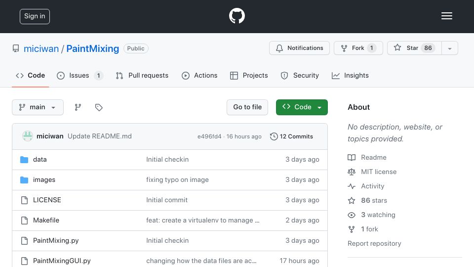 Screenshot of github.com: On Light, Colors, Mixing Paints, and Numerical Optimization