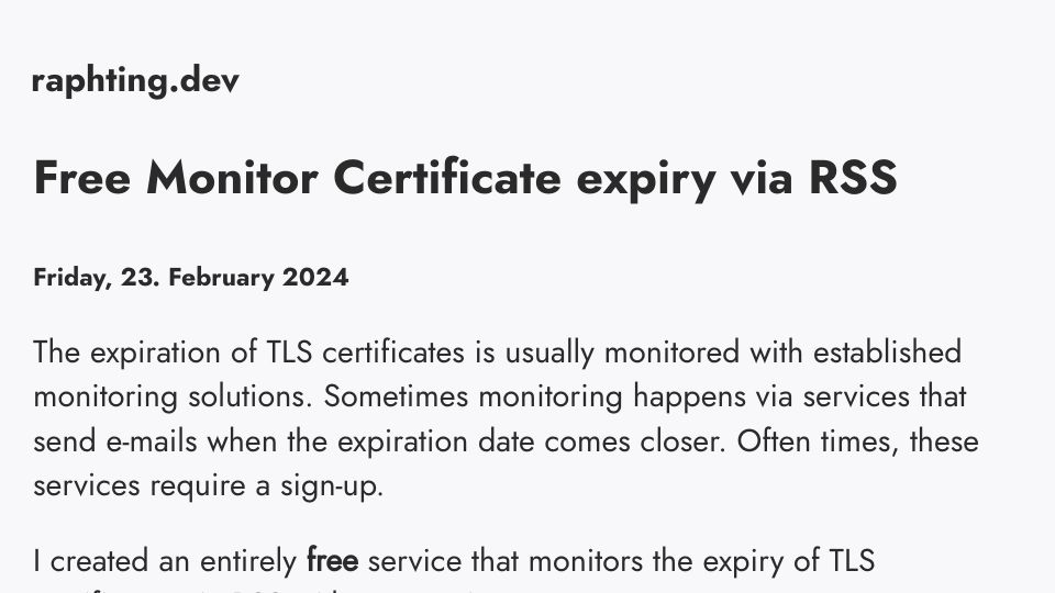 Screenshot of raphting.dev: Show HN: Free Certificate Monitoring via RSS