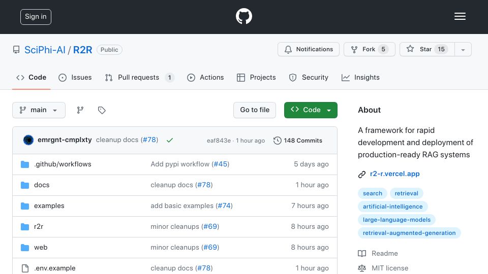 Screenshot of github.com: Show HN: R2R – Open-source framework for production-grade RAG