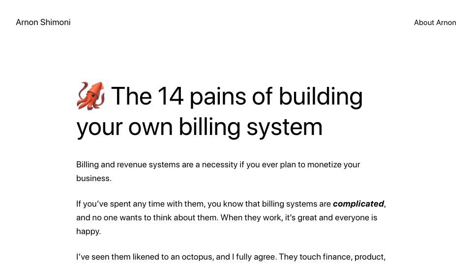 Screenshot of arnon.dk: Pains of building your own billing system