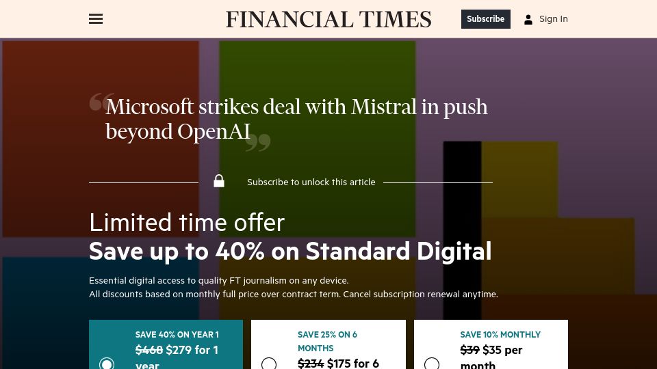 Screenshot of ft.com: Microsoft strikes deal with Mistral in push beyond OpenAI