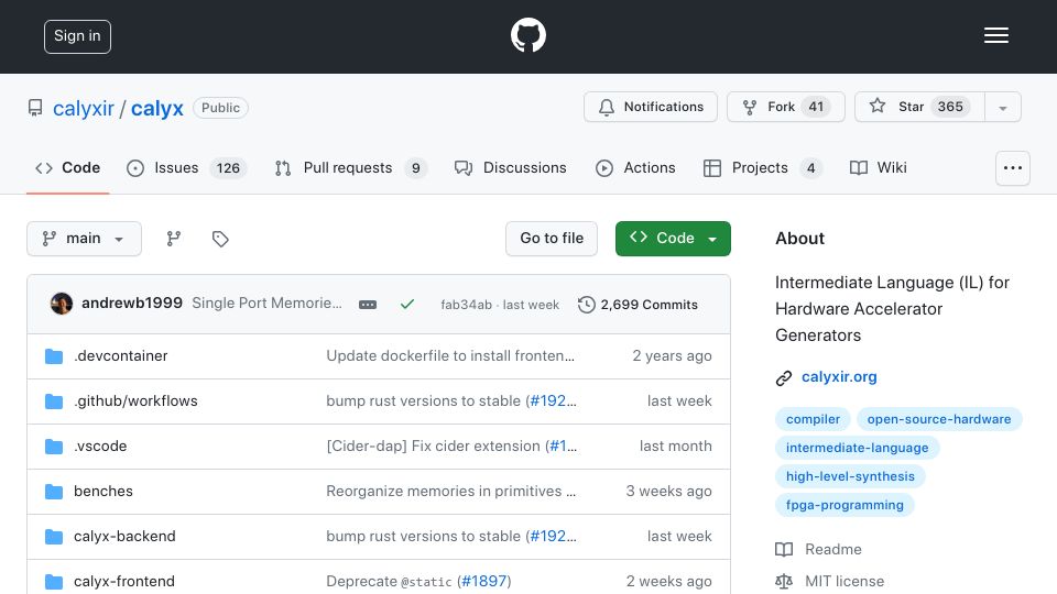 Screenshot of github.com: Calyx: Intermediate Language for Hardware Accelerators