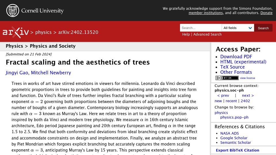 Screenshot of arxiv.org: Fractal Scaling and the Aesthetics of Trees