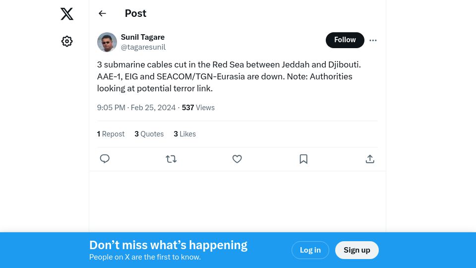 Screenshot of twitter.com: Submarine cables cut in the Red Sea.Authorities looking at potential terrorism