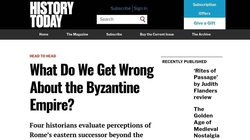 Screenshot of historytoday.com: What do we get wrong about the Byzantine Empire?