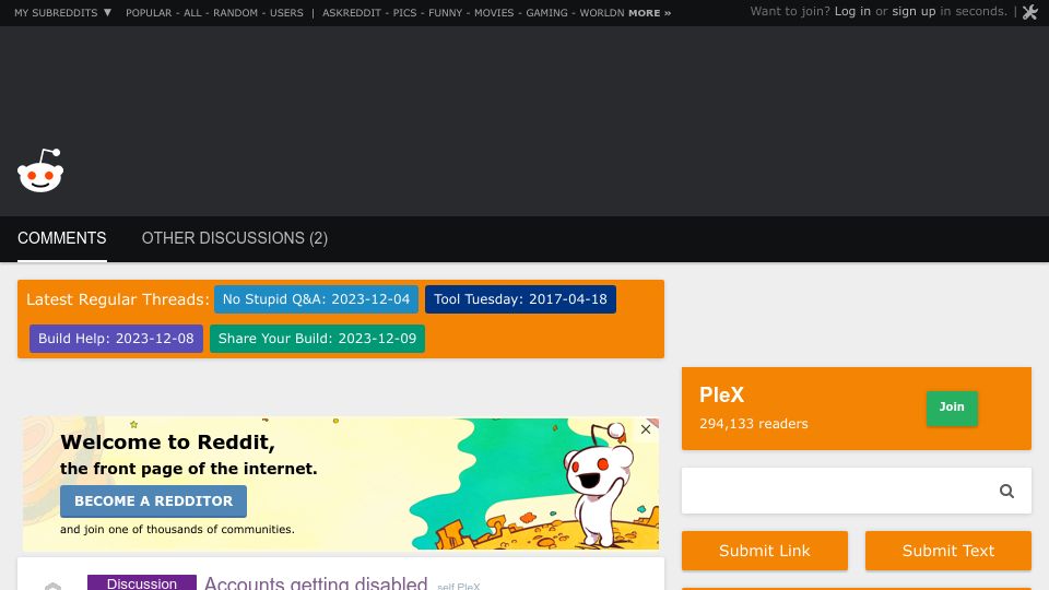 Screenshot of old.reddit.com: Plex Accounts Getting Disabled