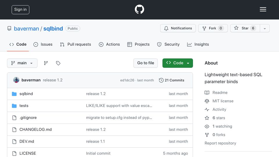 Screenshot of github.com: Show HN: Sqlbind a Python library to compose raw SQL