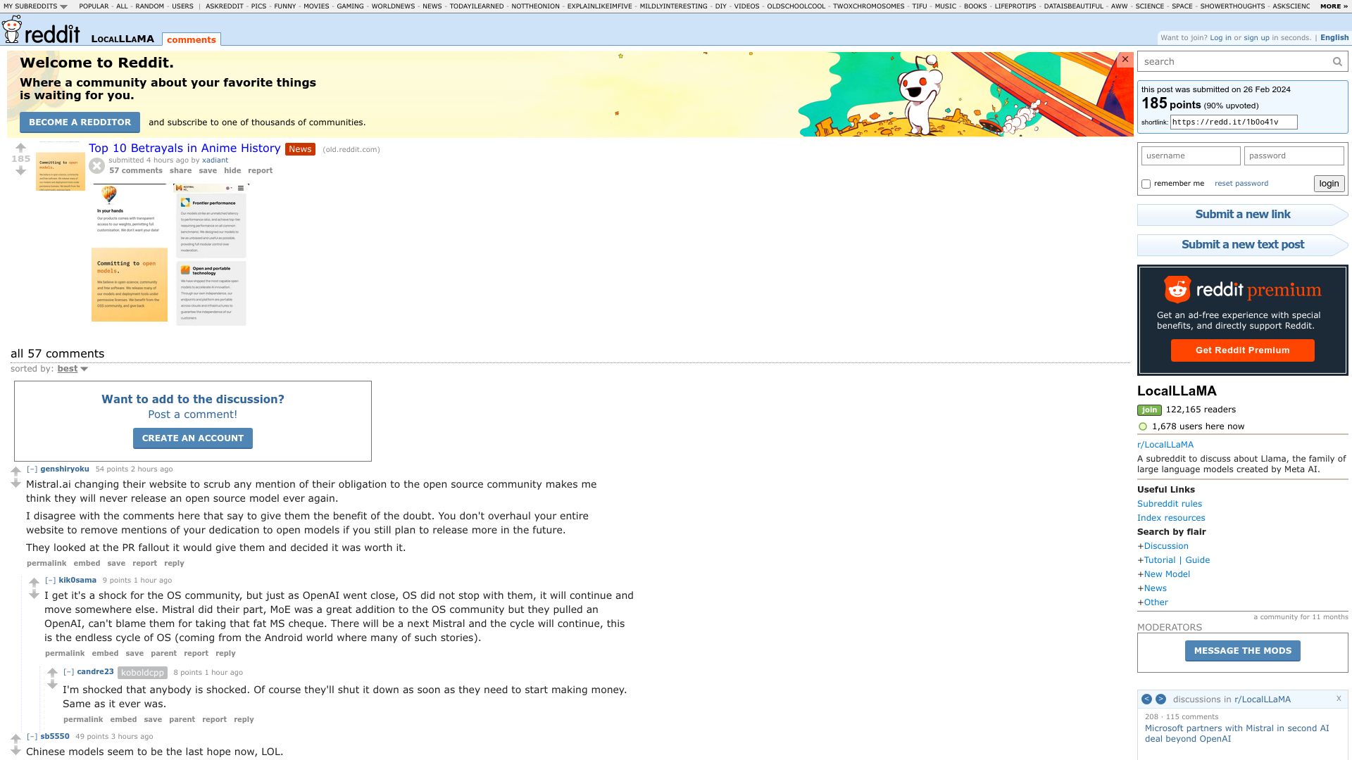 Screenshot of old.reddit.com: Mistral Remove "Committing to open models" from their website
