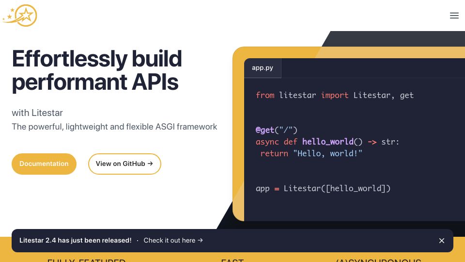 Screenshot of litestar.dev: Litestar – powerful, flexible, and highly performant Python ASGI framework