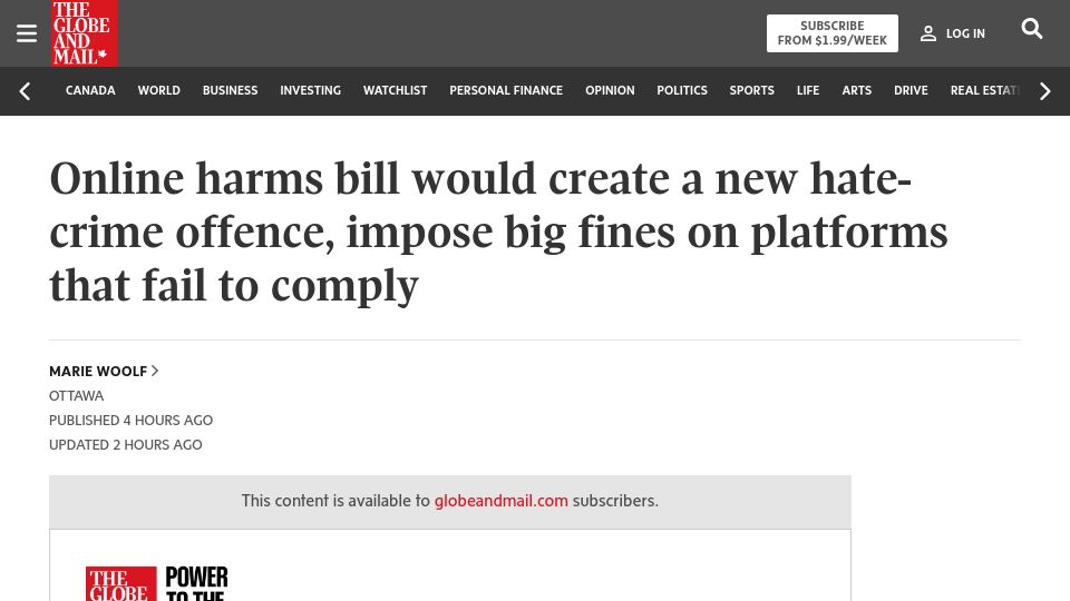 Screenshot of theglobeandmail.com: Online harms bill would create a new hate-crime offence, impose big fines