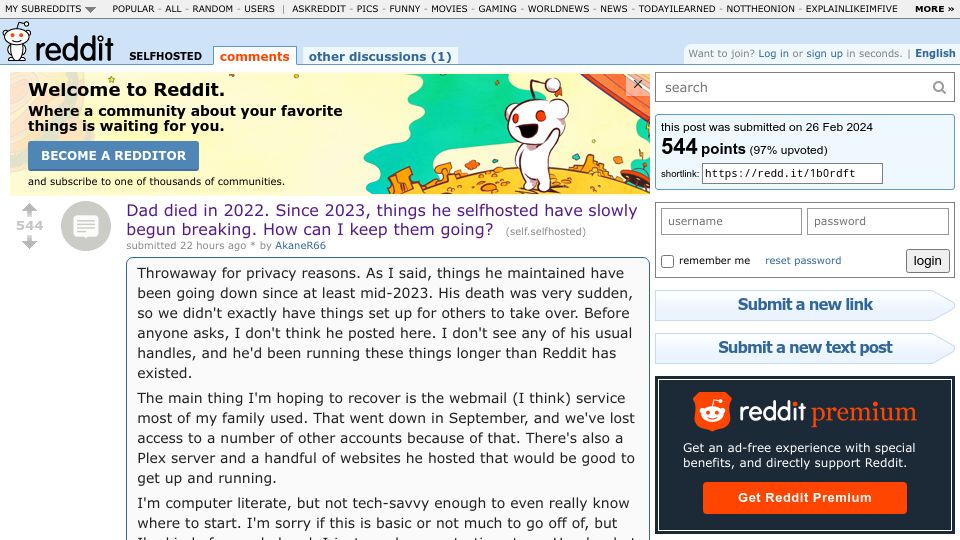 Screenshot of old.reddit.com: Dad died in 2022. Since 2023, things he selfhosted have slowly begun breaking