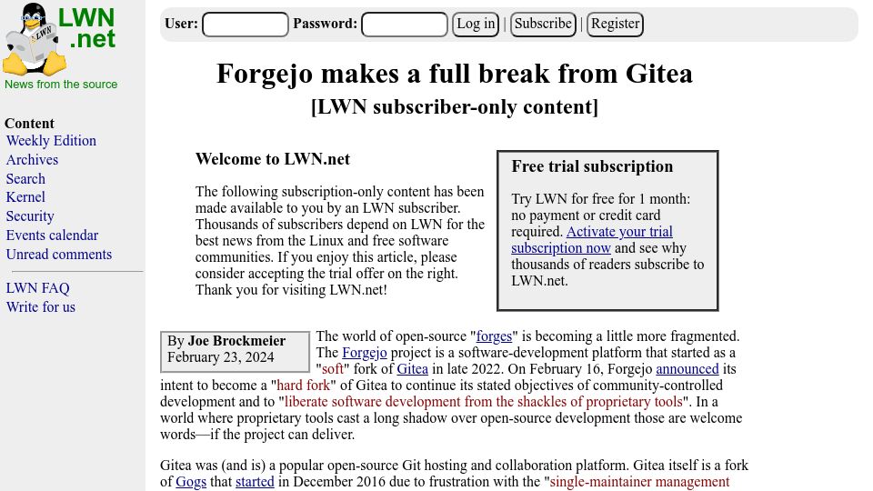Screenshot of lwn.net: Forgejo makes a full break from Gitea