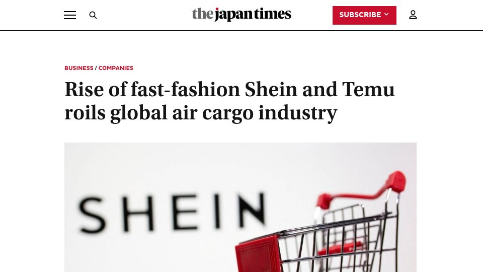 Screenshot of japantimes.co.jp: Rise of fast-fashion Shein, Temu roils global air cargo industry