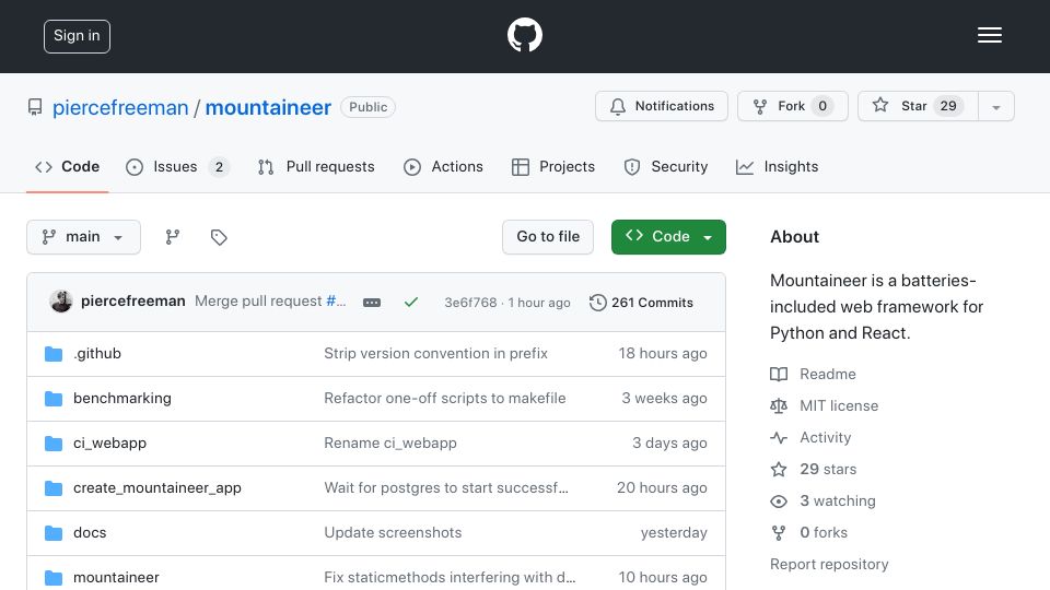 Screenshot of github.com: Show HN: Mountaineer – Webapps in Python and React