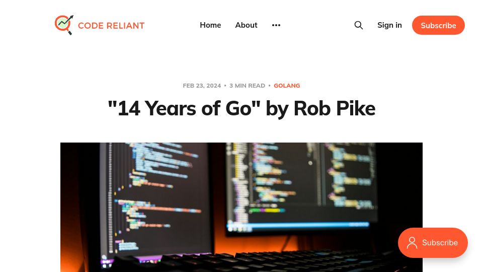 Screenshot of codereliant.io: "14 Years of Go" by Rob Pike