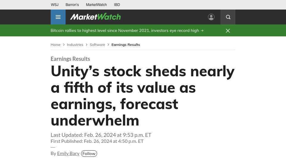 Screenshot of marketwatch.com: Unity's stock sheds 15% after disappointing earnings
