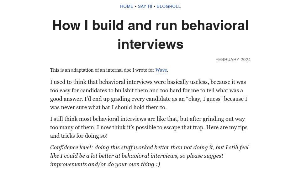 Screenshot of benkuhn.net: How I build and run behavioral interviews
