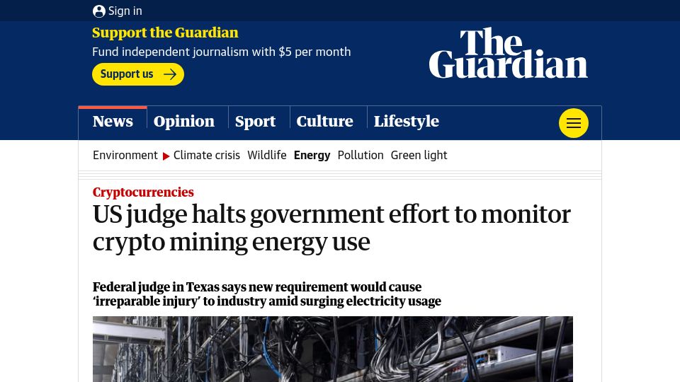Screenshot of theguardian.com: US judge halts government effort to monitor crypto mining energy use