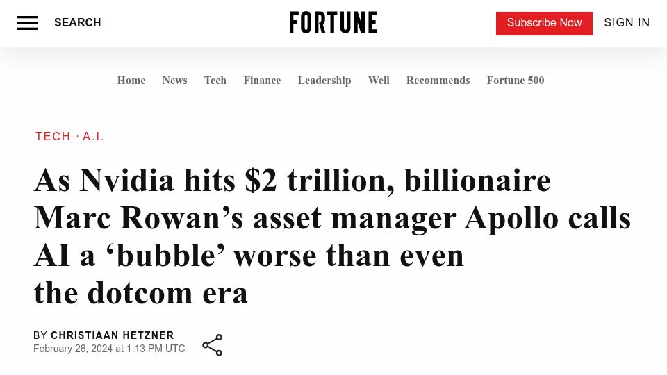 Screenshot of fortune.com: Apollo calls AI a 'bubble' worse than even the dotcom era