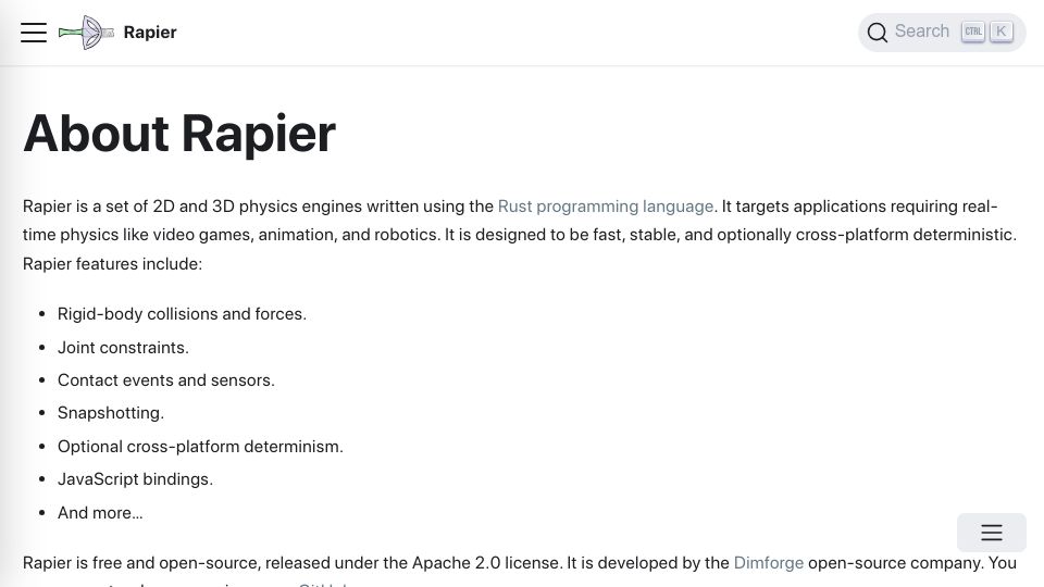 Screenshot of rapier.rs: Rapier is a set of 2D and 3D physics engines written in Rust