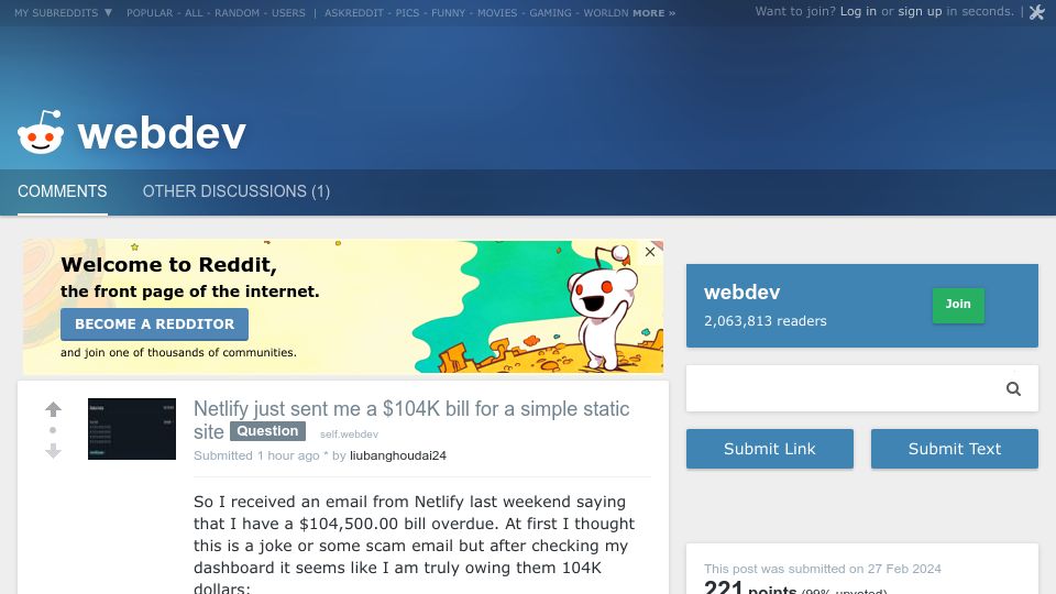 Screenshot of old.reddit.com: Netlify just sent me a $104k bill for a simple static site
