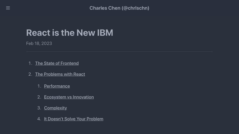 Screenshot of chrlschn.dev: React Is the New IBM