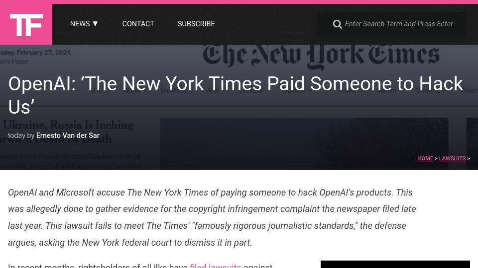 Screenshot of torrentfreak.com: OpenAI: 'The New York Times Paid Someone to Hack Us'