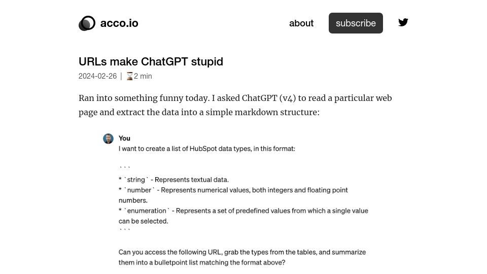 Screenshot of acco.io: URLs Make ChatGPT Stupid