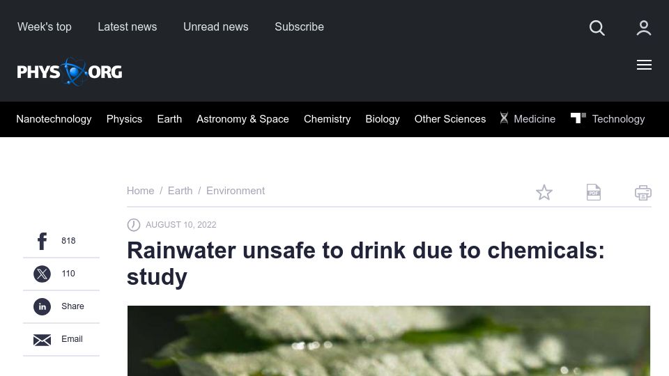 Screenshot of phys.org: Rainwater everywhere on the planet is unsafe to drink due to chemicals (2022)