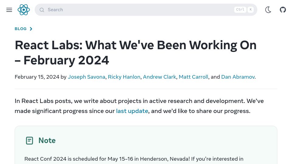 Screenshot of react.dev: React Labs: What We've Been Working On – February 2024 – React Compiler