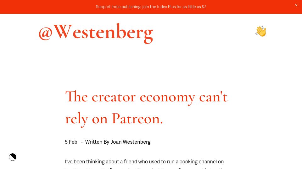 Screenshot of joanwestenberg.com: The creator economy can't rely on Patreon