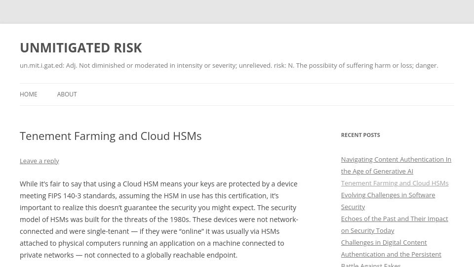 Screenshot of unmitigatedrisk.com: Tenement Farming and Cloud HSMs