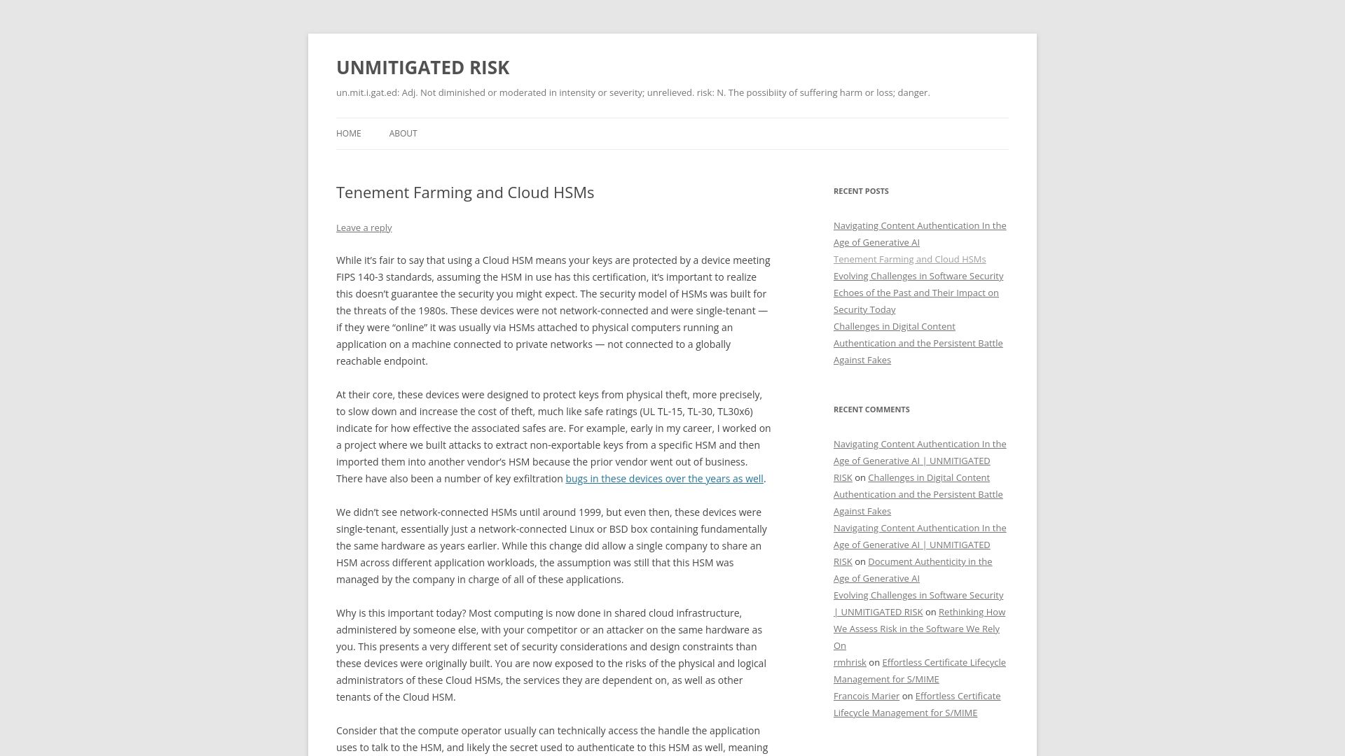 Screenshot of unmitigatedrisk.com: Tenement Farming and Cloud HSMs