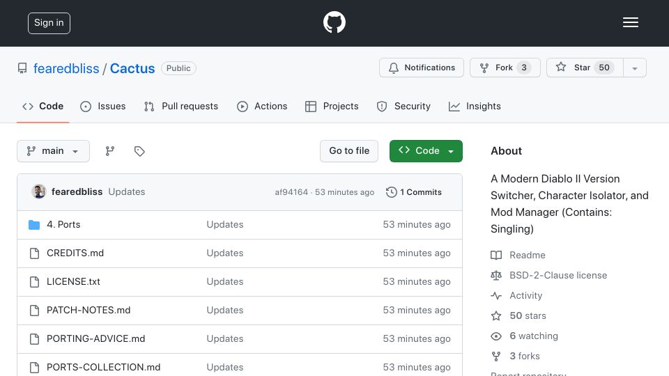 Screenshot of github.com: Cactus – A Modern Diablo II Version Switcher, Character Isolator, & Mod Manager